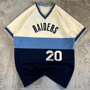 Vintage Raiders Baseball Jersey Mens Large Blue White Number 20 V Neck Athletic
